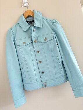 Boston Proper Blue Genuine Leather Jacket Womens XS Spring Summer Feminine Chic